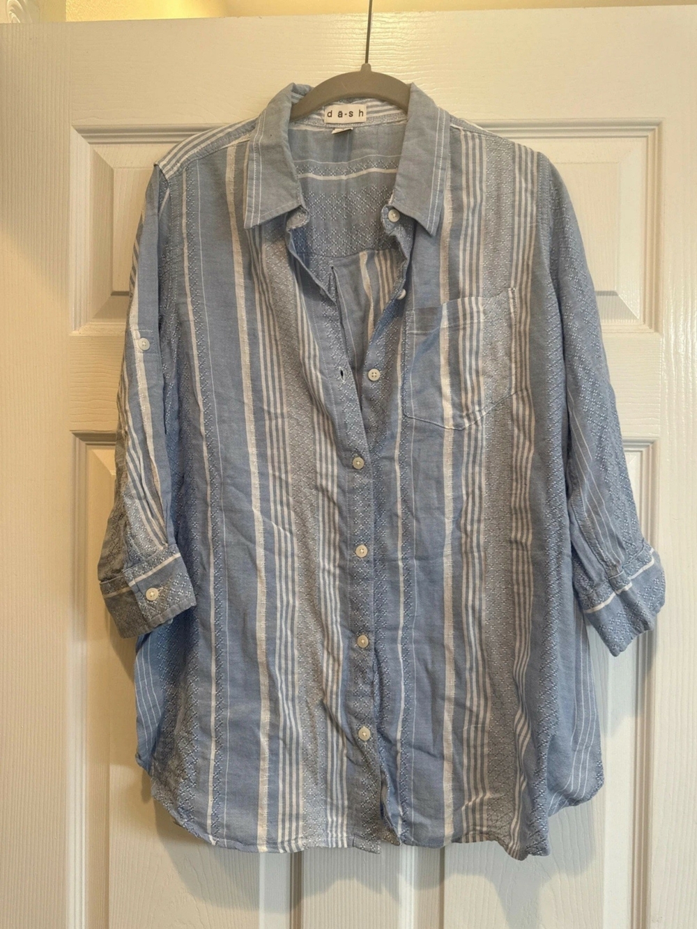 Dash Women's Light Blue & White Striped Button-Down Shirt Small